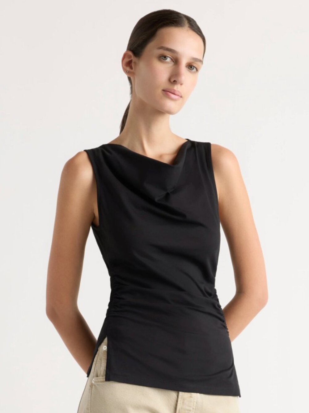 Cos Womens Josie Shirred Side Cowl Neck Black Top Size Small Sleeveless